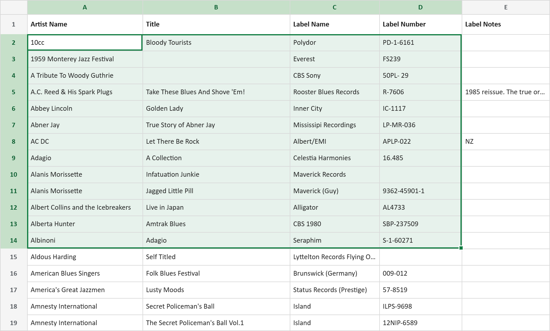 A selection of rows from the Vinyl Collection spreadsheet — artist, title, label and label number columns