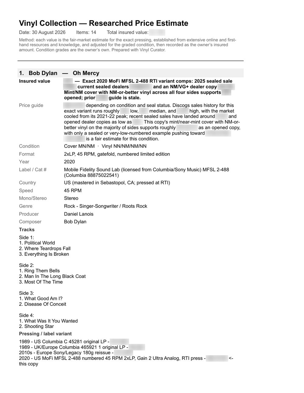 Researched price estimate — first page: insured value, price guide, condition and pressing chronology for one record (values blurred)