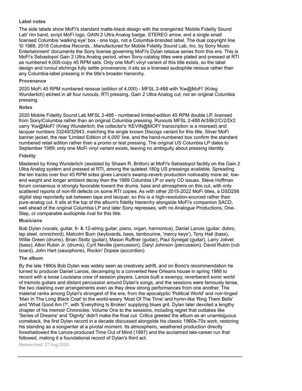 Researched price estimate — label notes, provenance, fidelity and album story for one record