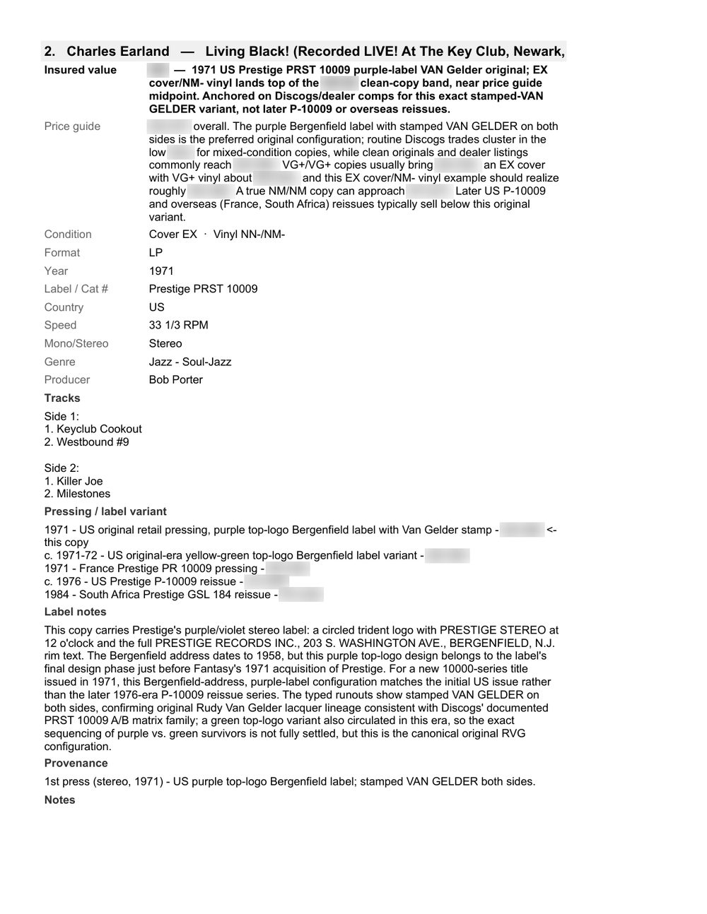 Researched price estimate — a second record's entry with condition, variants and label notes (values blurred)