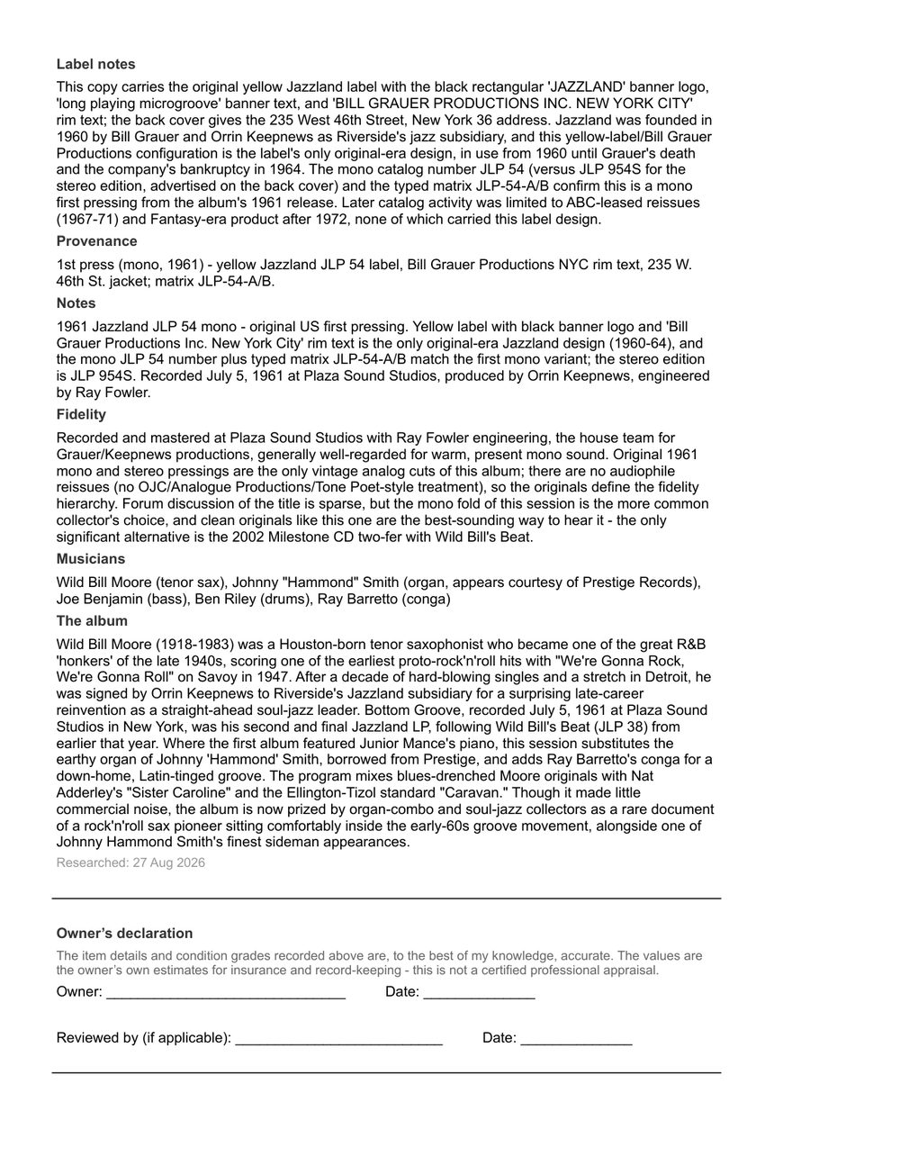 Researched price estimate — final entry and the owner's declaration block for signing